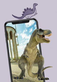 Ein Tyrannosaurus-Rex kommt aus einem Smartphone. 